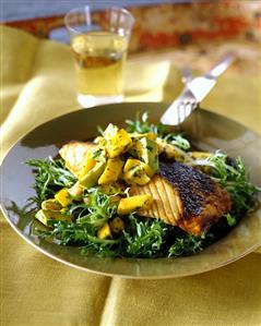 Barbecued salmon with avocado & mango salsa & frizzy endive