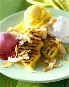 Fried pineapple rings with fruit sorbets