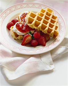 Heart shaped waffles with strawberries