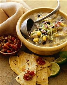 Bowl of Southwestern Chicken Soup with a Ladle; Cheese Quesadillas and Salsa