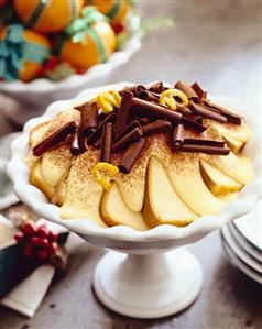 Sliced Cake and Pudding Trifle Topped with Chocolate Curls