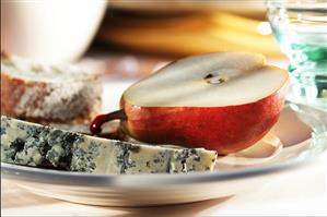 Mixed Still Life: Gorgonzala Cheese with Pear Half and Bread