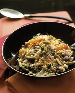 Pearl barley with blood oranges, capers, green olives, onion