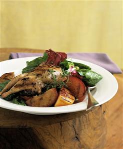 Herbed quail with peaches and spinach & radicchio salad