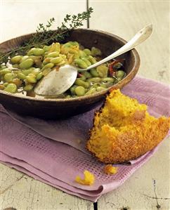 Bean soup with onions and a piece of corn bread