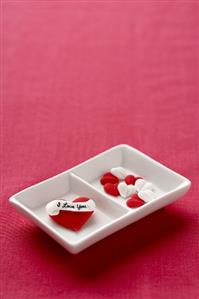 Candy Hearts in a Divided Dish
