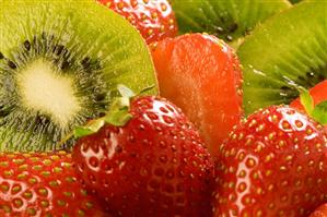 Fresh Strawberries and Kiwi; Close Up