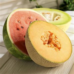 Three Melon Halves on a Picnic Table; Watermelon, Cantaloupe and Honeydew