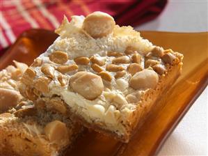 Macadamia, Butterscotch, White Chocolate Coconut Bar; Close Up