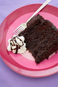 Slice of Chocolate Layer Cake with Chocolate Fudge Frosting; Pink Plate