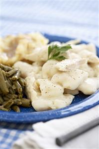 Chicken and Dumplings Over Mashed Potatoes with Green Beans