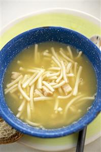 Chicken Noodle Soup in a Blue Bowl