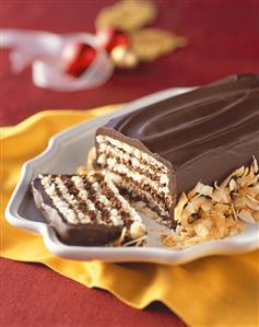 Chocolate Coconut Loaf Torte, Sliced on a Platter