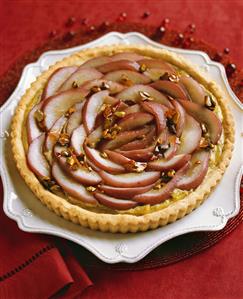 Poached Pear Tart with Caramelized Pistachios, From Above