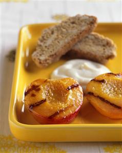 Grilled Peach Halves, Cream and Biscotti