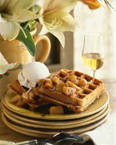 Spiced Waffles Caramelized Apples and Ice Cream