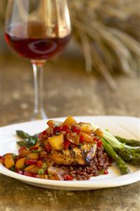 Grilled Chicken Topped with Peach Salsa; Asparagus on the Side