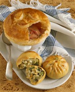 Chunky Tomato Soup with a Pastry Topping, Broccoli and Cheddar Filled Pastries