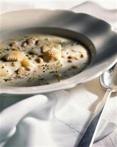 Bowl of Clam Chowder with Oyster Crackers; Spoon