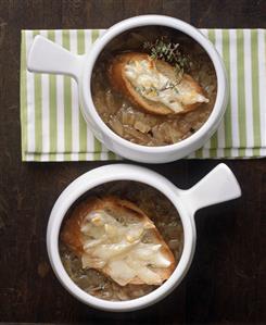 Two Bowls of French Onion Soup; From Above