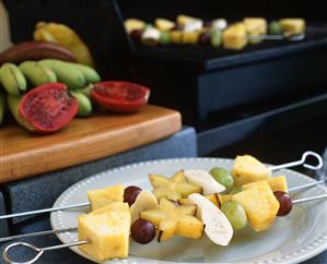 Fruit Kabobs on Metal Skewers; Fresh Fruit and Grill