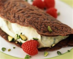 Chocolate Crepe with Pistachio Cream and Raspberries