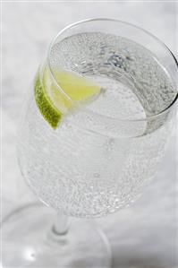 Sparkling Water with Lime Wedge in a Stem Glass