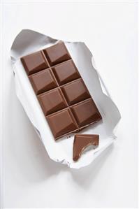 Chocolate Bar in Opened Wrapper; Square Broken Off and Bitten