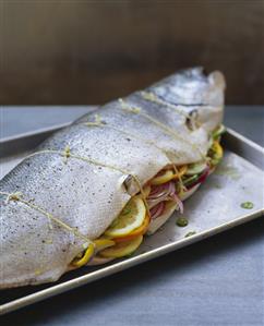 Whole Stuffed Fish on Baking Sheet