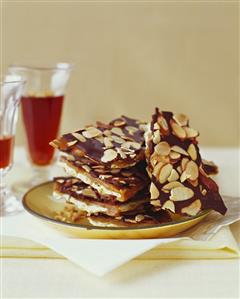 Pieces of Chocolate Almond Bark on a Dish