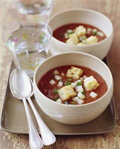 Two Bowls of Gazpacho with Croutons