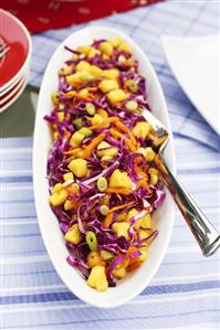 Purple Cabbage and Pineapple Slaw in Serving Dish