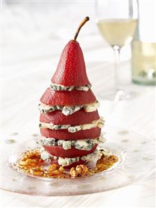 Slice Poached Pear Stuffed with Blue Cheese, Walnuts