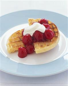 Waffle with Cherry Pie Topping and Lemon Yogurt