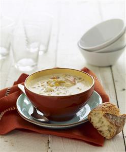 Bowl of Clam Chowder with Bread