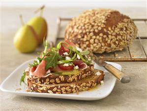 Open Prosciutto and Pear Sandwich on Mulri Grain Bread