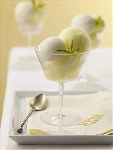 White and Yellow Sorbet in Stem Glass, On Tray with Napkin and Spoon