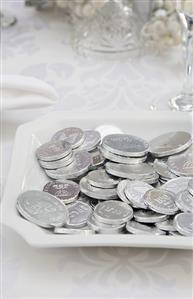 Plate of Chocolate Silver Gelt; Chanukah Coins