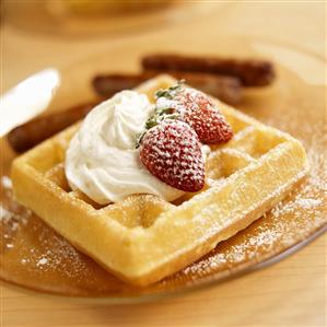 Waffle with Whipped Cream and Strawberries