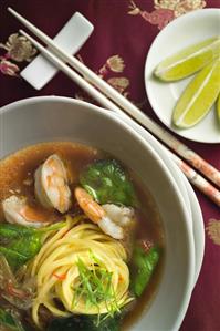 Shrimp and Linguini Soup with Spinach