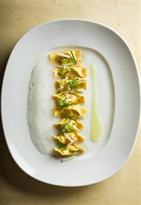 Ricotta and Black Truffle filled Agnolotti; Green Apple and Almond foam