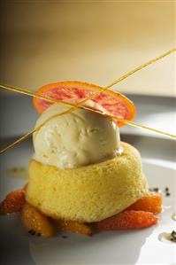 Olive Oil Cake with Cheesecake Gelato and Orange Chip