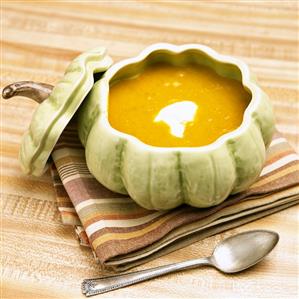 Squash Soup in Squash Tureen; Opened; Spoon