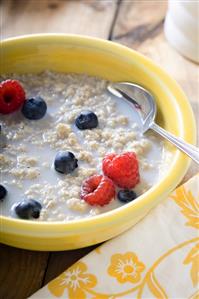 Oatmeal with Fat Free Milk and Organic Raspberries and Blueberries