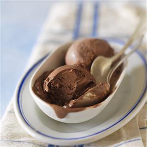 Two Scoops of Chocolate Ice Cream with Two Spoons