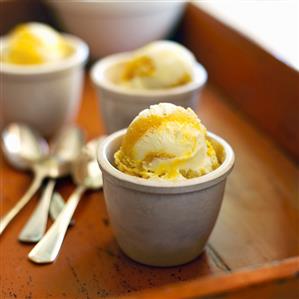 Cups of Coconut Ice Cream with Mango Sorbet Swirls