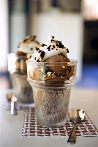 Chocolate Ice Cream with Marshmallow Sauce in Cone Shaped Glass