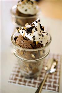 Chocolate Ice Cream Sundae with Marshmallow Sauce in Cone Shaped Glass