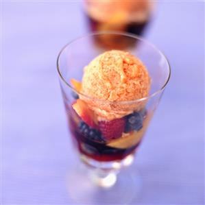 Nectarine Sorbet with Red Wine and Fruit in Glass