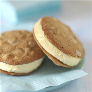 Chocolate Chip Cookie Ice Cream Sandwich on Blue Napkin